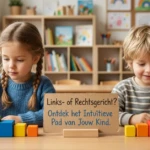Twee kinderen in een klaslokal die blokjes ordenen, illustratie van linksgerichtheid bij kinderen.