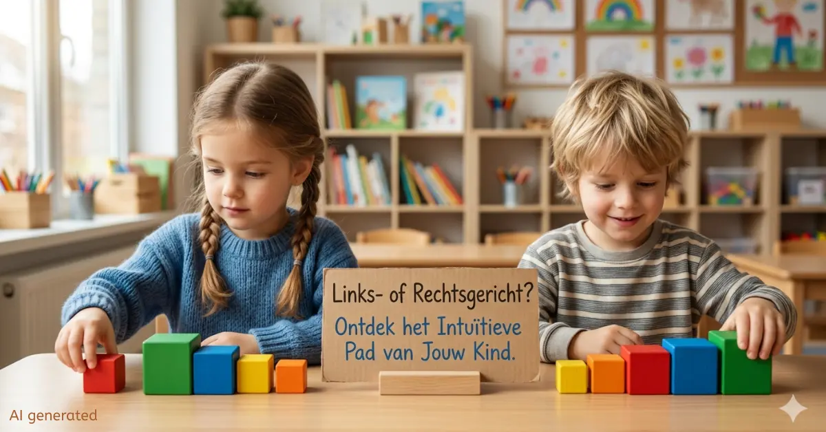 Twee kinderen in een klaslokal die blokjes ordenen, illustratie van linksgerichtheid bij kinderen.