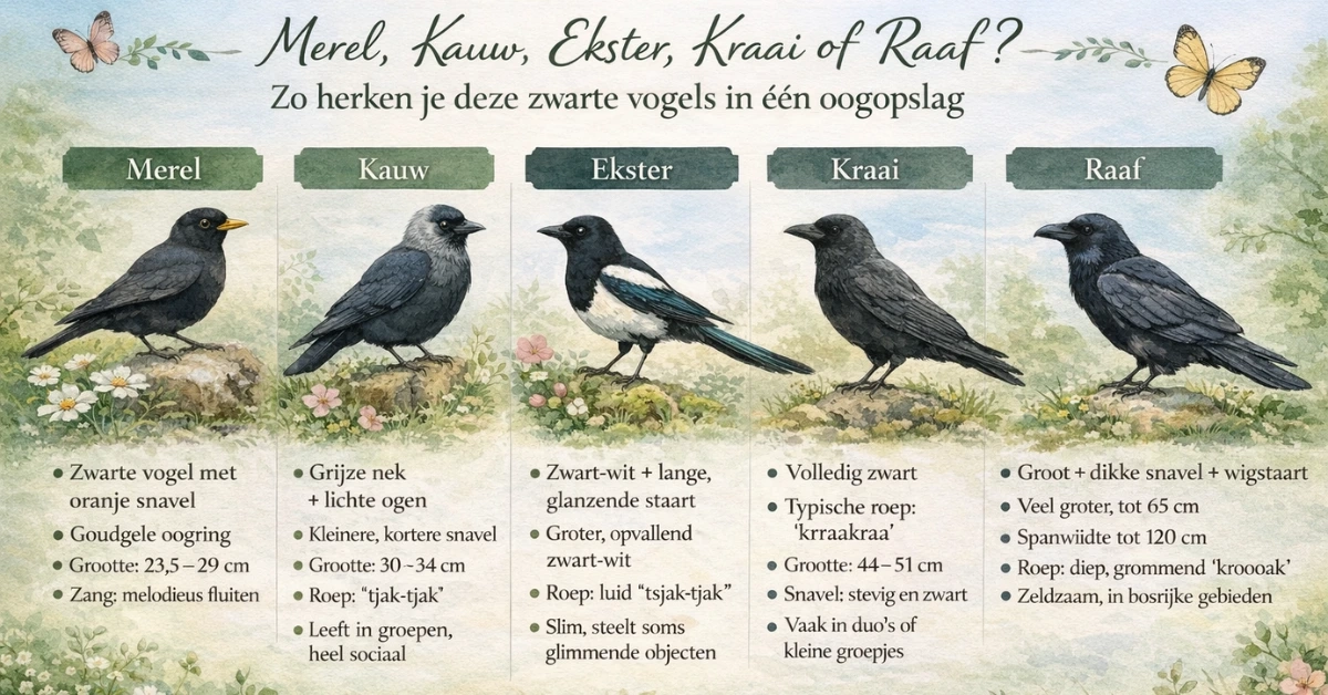 Merel, kauw, ekster, kraai of raaf? Zo herken je deze zwarte vogels in één oogopslag