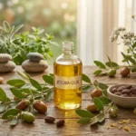 Een glazen flesje pure gouden jojoba-olie op een rustieke houten tafel, omringd door verse jojobatakjes met vruchten, kamillebloemen en herboristen-decoratie.