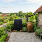 Duurzaam regenwater opvangen in een tuin met een zwart IBC-vat en een eiken regenton