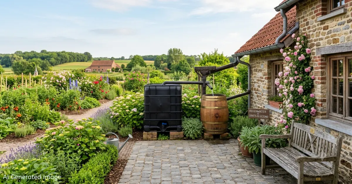 Duurzaam regenwater opvangen in een tuin met een zwart IBC-vat en een eiken regenton