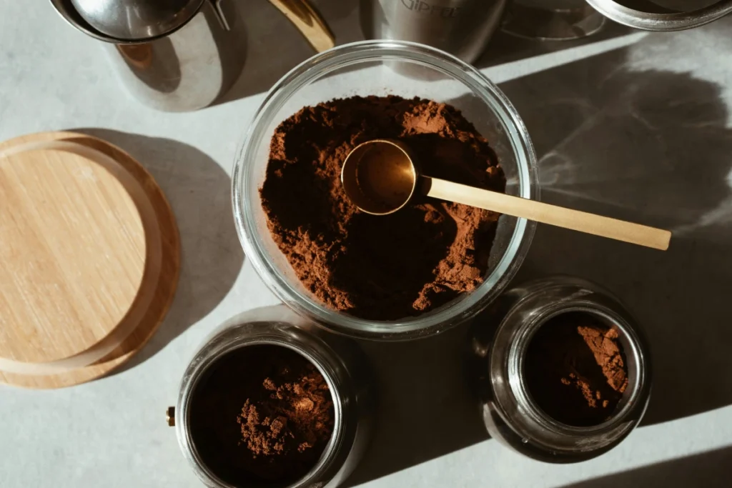 Gedroogde koffiedik bewaren in een pot