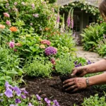 Een vrouw die geniet van tuinieren in een tuin vol met prachtige bloemen