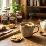Een dampende kop verse gemberthee op een houten tafel met schijfjes verse gemberwortel, een theepot en glazen potten met medicinale kruiden zoals lavendel en meidoorn op de achtergrond.