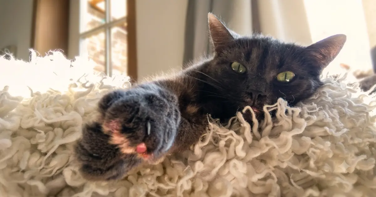 Close-up van de donkergrijze kat Misky die relaxed met haar pootje naar voren op een zacht wit kleed ligt om kattengedrag te begrijpen.