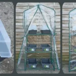 De linkerafbeelding laat het bijgeleverde kweekbakje zien met een handige ontluchtingsknop. De middelste foto toont de kweekkas met de voorflap geopend en de zes meegeleverde kweekbakjes over de drie schappen verdeeld. De rechterfoto laat de kweekkas zien met de voorflap gesloten, om de planten te beschermen tegen weersinvloeden.