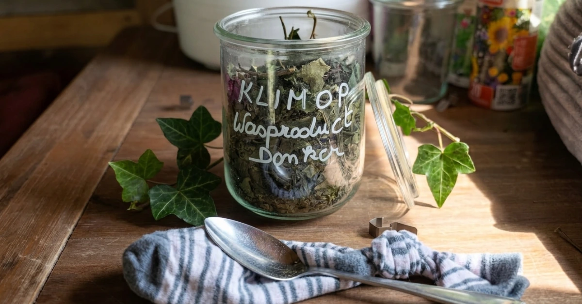 Een weckpot met gedroogde klimop om te gebruiken in een sok om de donkere was te doen