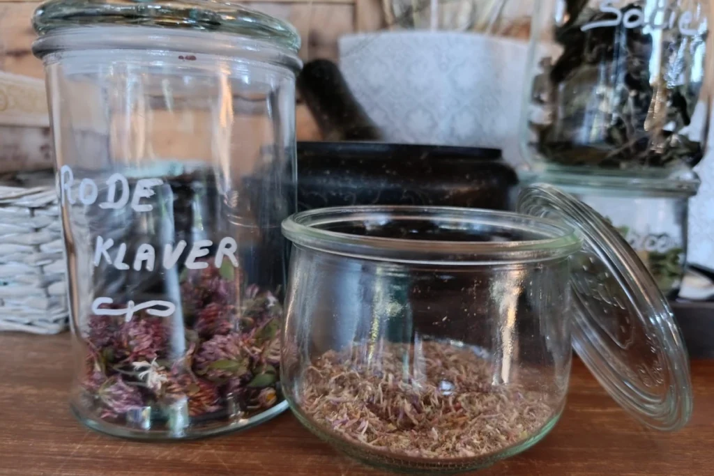 Een mooie glazen pot met gedroogde rode klaver naast een glazen weckpot met fijngemalen gedroogde klaver klaar om een gezichtsmasker te maken