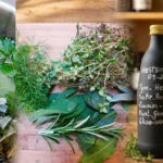 Een collageafbeelding die het proces toont van zelf hoestsiroop maken uit eigen tuin. Van links naar rechts: verse kruiden in een pan met water, een overzicht van de tien gebruikte medicinale kruiden, en twee zwart geschilderde apothekersflesjes met de afgewerkte siroop en handgeschreven labels.