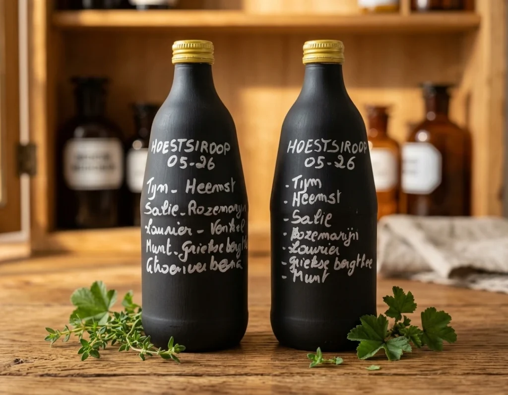 Een productfoto van twee matzwart geschilderde Cécémel-flesjes met gouden doppen, geplaatst op een rustieke houten ondergrond met verse tijm en heemstblad. De flesjes hebben handgeschreven zilveren labels met de tekst 'HOESTSIROOP 05-26' en een gedetailleerde lijst van de tien gebruikte medicinale kruiden, waaronder Tijm, Heemst, Salie en Griekse bergthee