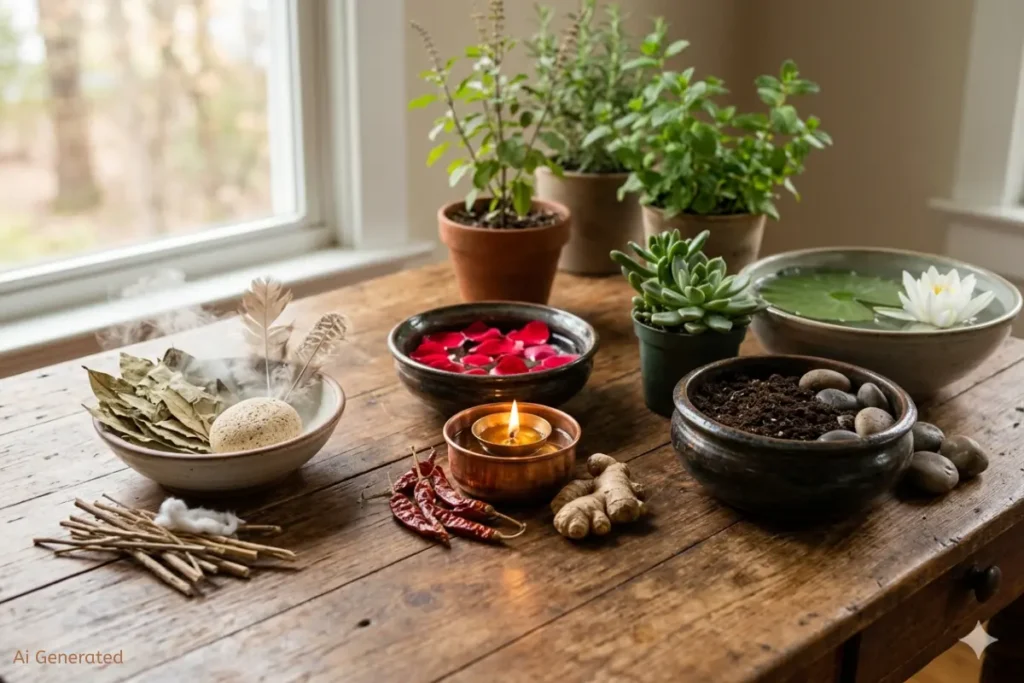 Een visuele weergave van de drie Ayurvedische Dosha's Vata, Pitta en Kapha met symbolen van lucht, vuur, water en aarde op een houten tafel.