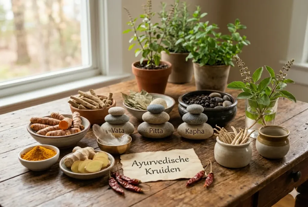 Een overzicht van zes bekende Ayurvedische kruiden waaronder kurkuma, gember, ashwagandha en tulsi op een natuurlijke ondergrond.