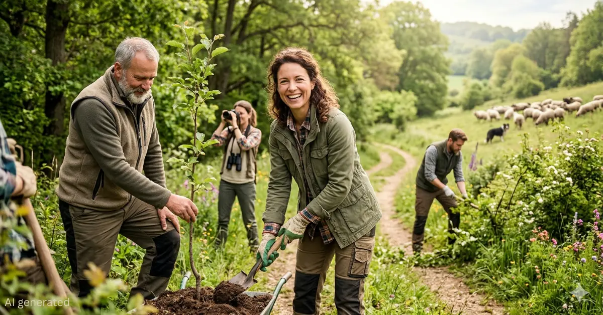 Een groep enthousiaste mensen die buiten werken in het groen, waaronder het planten van een boom, natuurfotografie en schapen hoeden in een heuvellandschap.