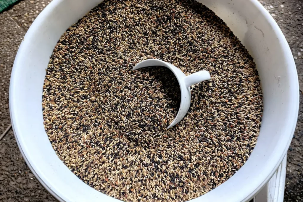 Een grote witte emmer gevuld met een gevarieerde zadenmix voor tuinvogels, inclusief een wit schepje.