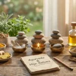 Een houten tafel met Ayurvedische kruiden zoals kurkuma en gember, gestapelde stenen voor de drie Dosha's Vata, Pitta en Kapha, en een notitieboekje over Ayurveda.
