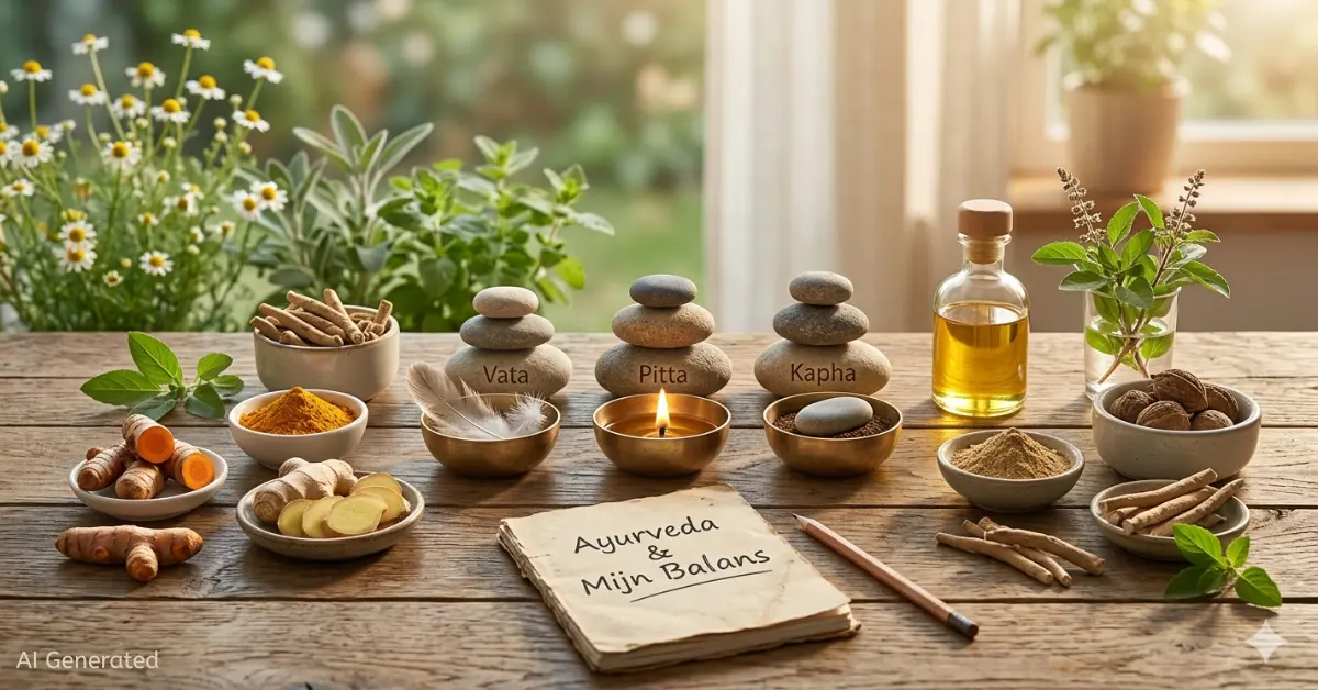 Een houten tafel met Ayurvedische kruiden zoals kurkuma en gember, gestapelde stenen voor de drie Dosha's Vata, Pitta en Kapha, en een notitieboekje over Ayurveda.