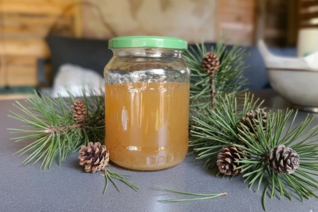 Een glazen pot met heldere, goudbruine dennentinctuur omringd door verse groene dennentakken en dennenappels op een tafel.